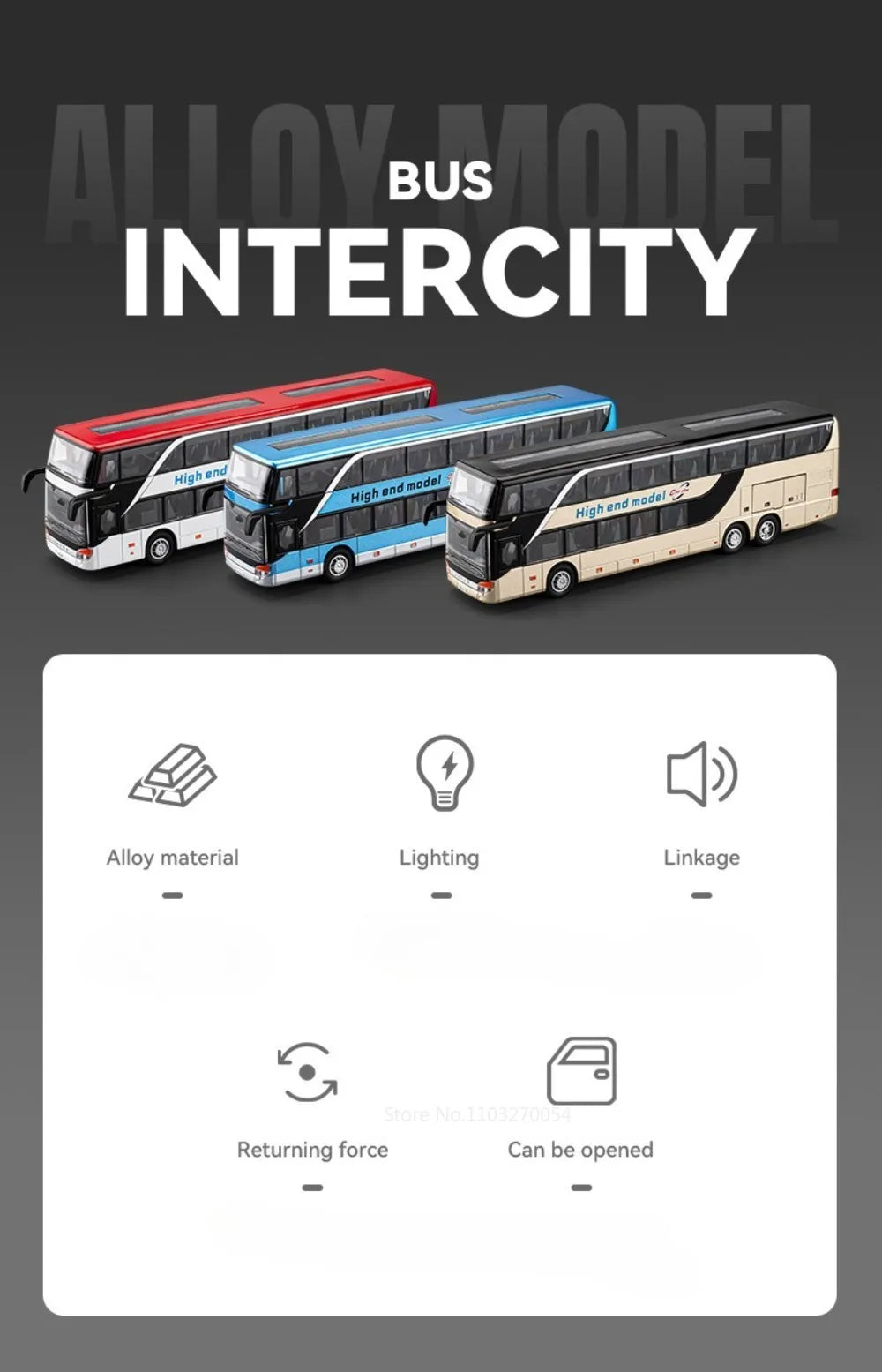 Business Single Decker Bus Alloy Models Doors Opened with Sound Light Pull Back Bus
