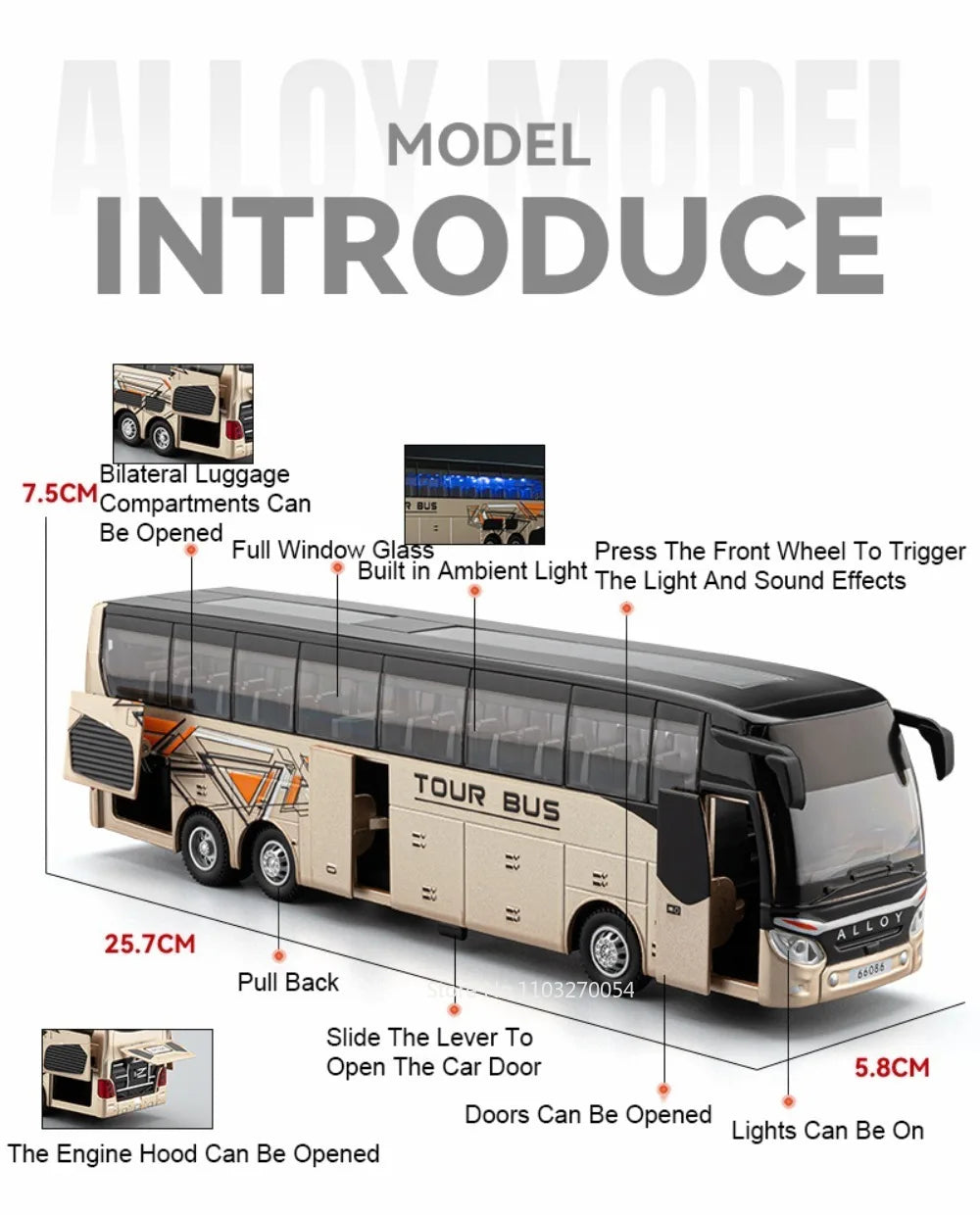 Business Single Decker Bus Alloy Models Doors Opened with Sound Light Pull Back Bus