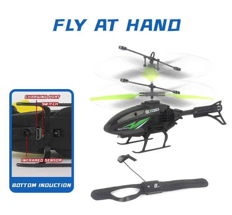 Helicopter with Lighting Rechargeable Mini RC Drone | Watch Wrist Hand Controlled Induction Aircraft Impact Resistant