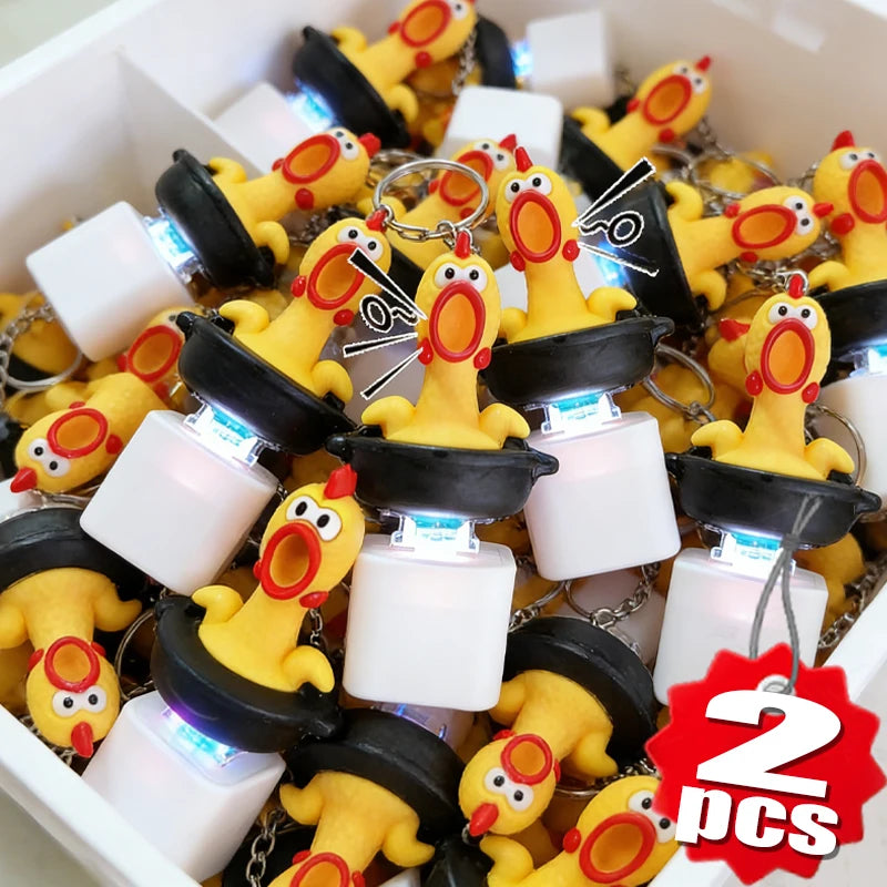 2PCS Funny Screaming Chicken Keychain Sound Light Press Button