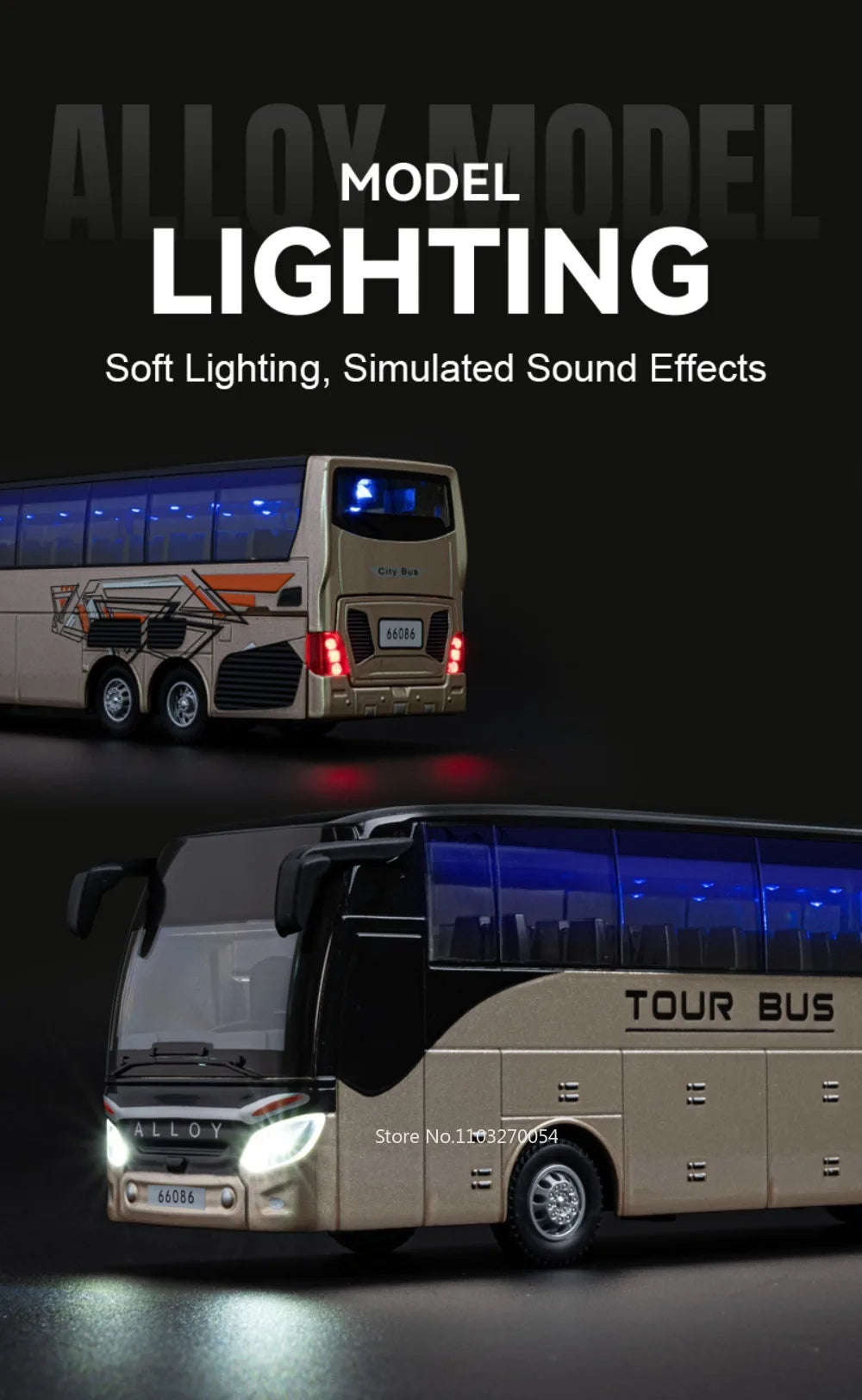 Business Single Decker Bus Alloy Models Doors Opened with Sound Light Pull Back Bus