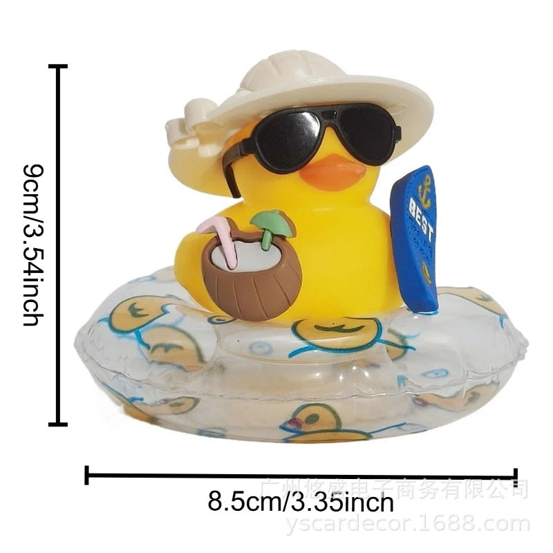 Cool Summer Duck Car Dashboard Decor, Rubber Duck with Swim Ring & Sunglasses