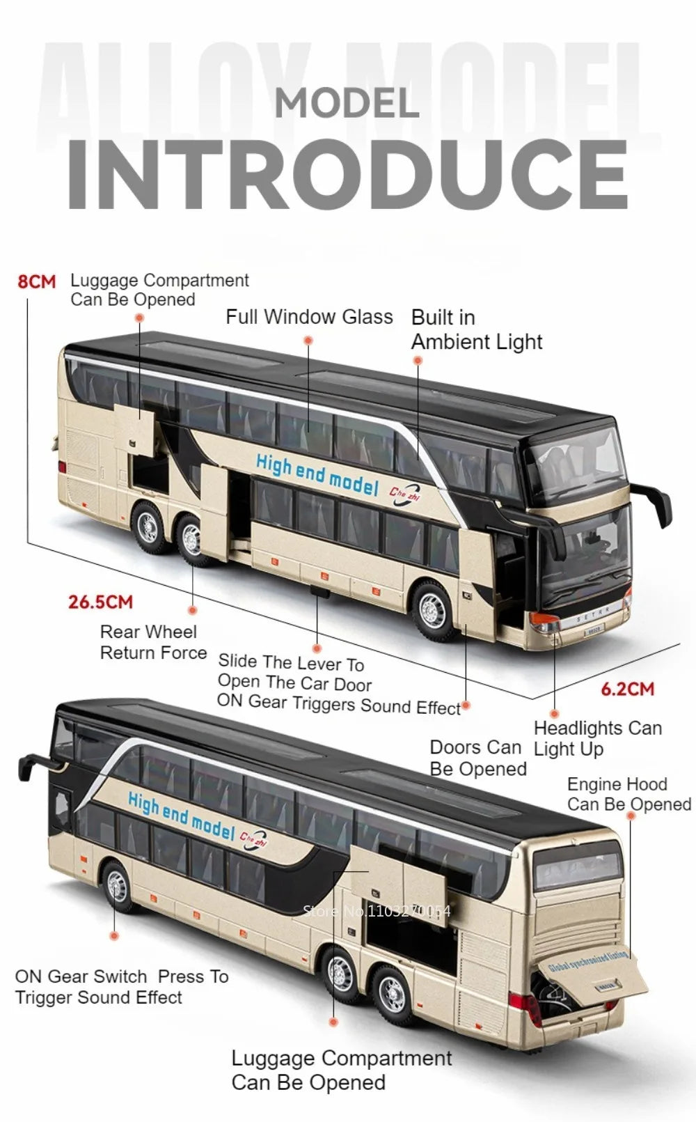 Business Single Decker Bus Alloy Models Doors Opened with Sound Light Pull Back Bus