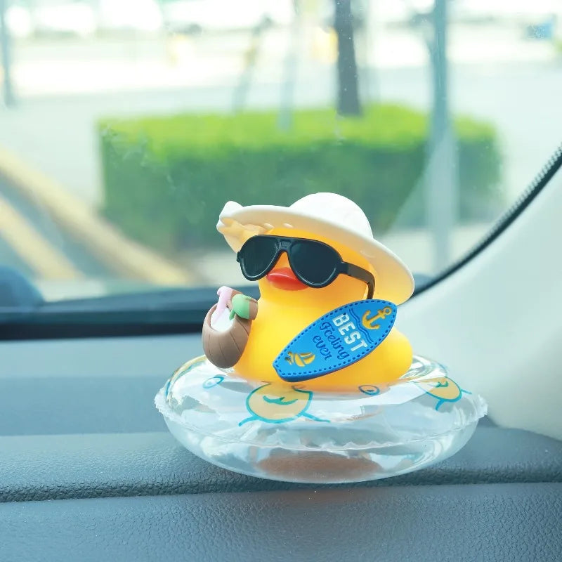 Cool Summer Duck Car Dashboard Decor, Rubber Duck with Swim Ring & Sunglasses