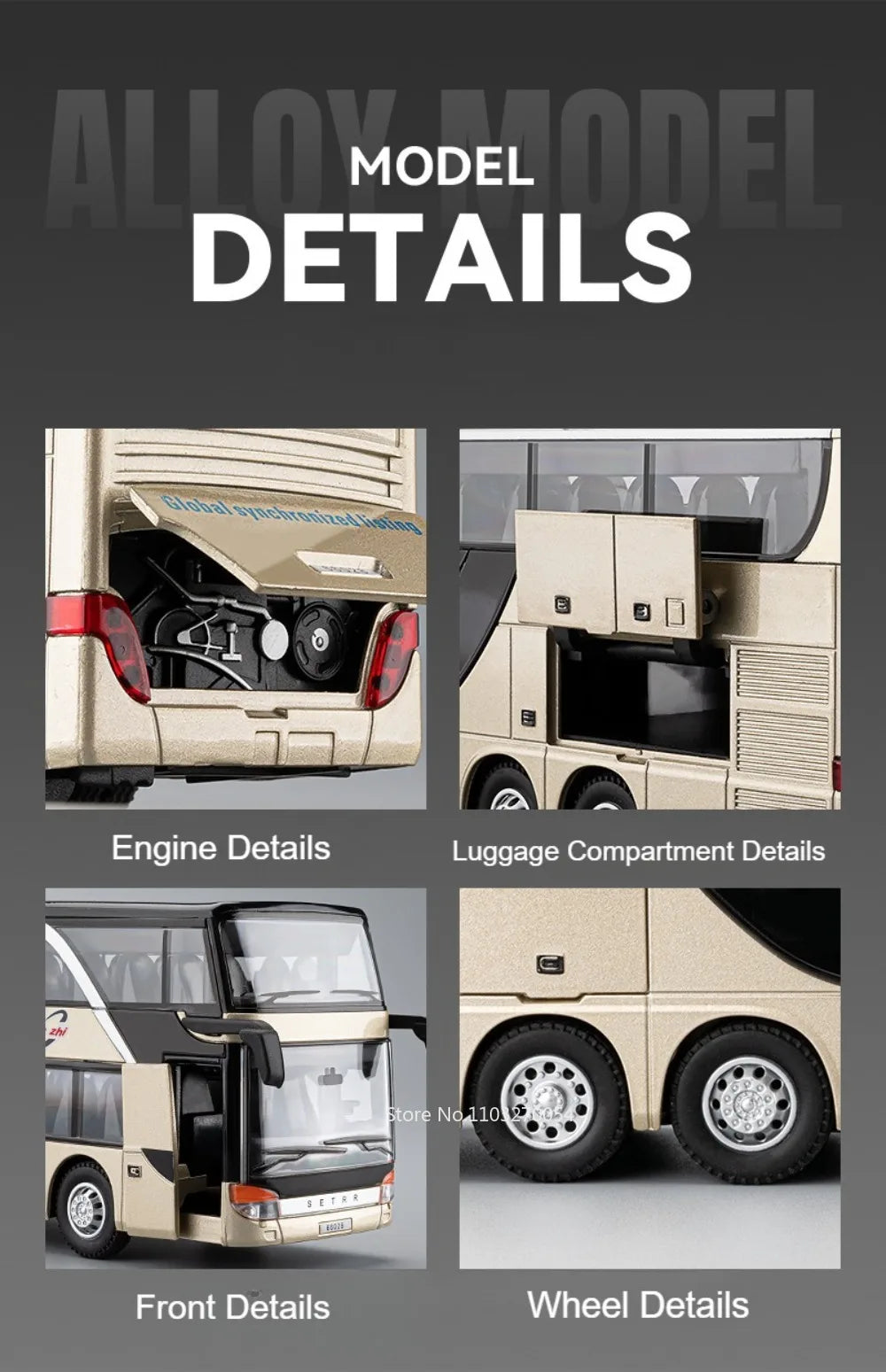 Business Single Decker Bus Alloy Models Doors Opened with Sound Light Pull Back Bus