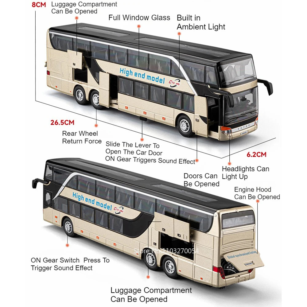 Business Single Decker Bus Alloy Models Doors Opened with Sound Light Pull Back Bus