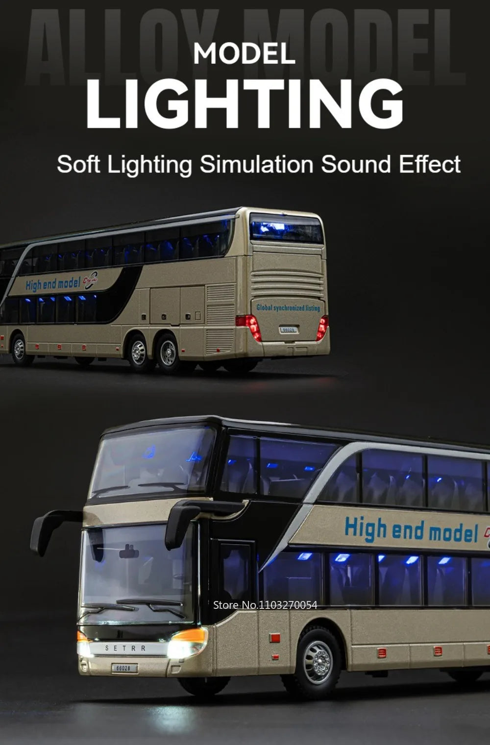 Business Single Decker Bus Alloy Models Doors Opened with Sound Light Pull Back Bus
