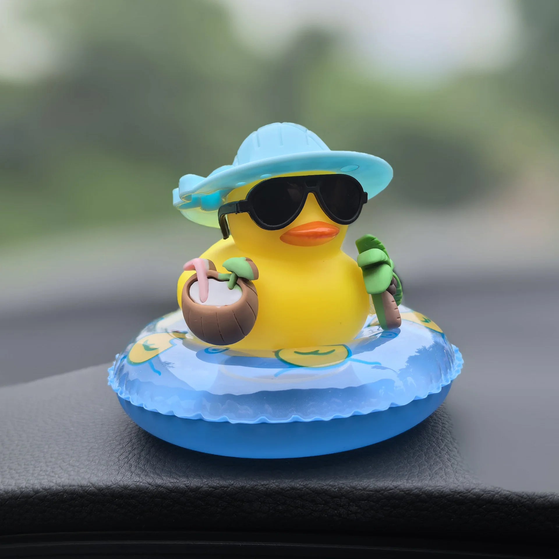Cool Summer Duck Car Dashboard Decor, Rubber Duck with Swim Ring & Sunglasses