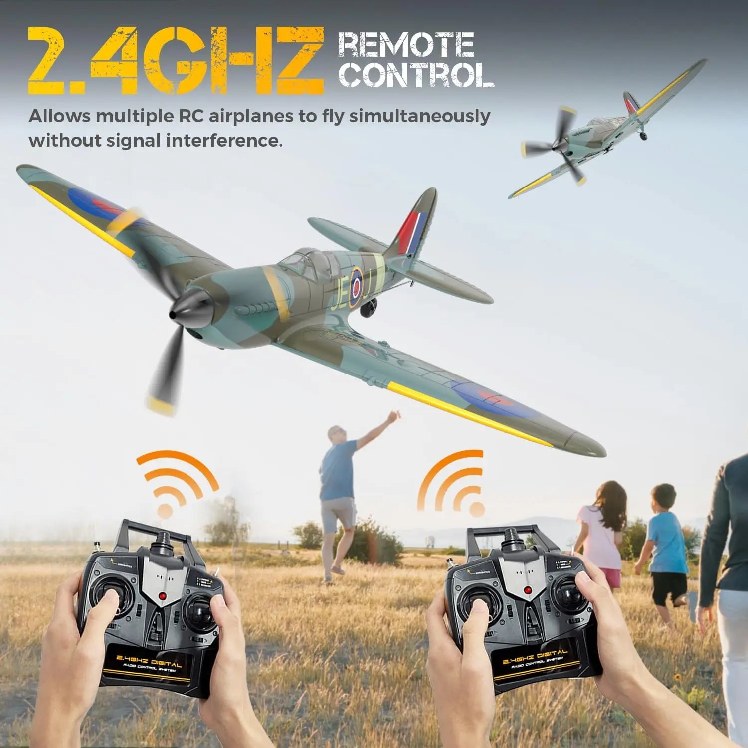 VOLANTEXRC Spitfire RC Plane - 4CH with Gyro, 3 Modes, 2 Batteries, 656ft Range
