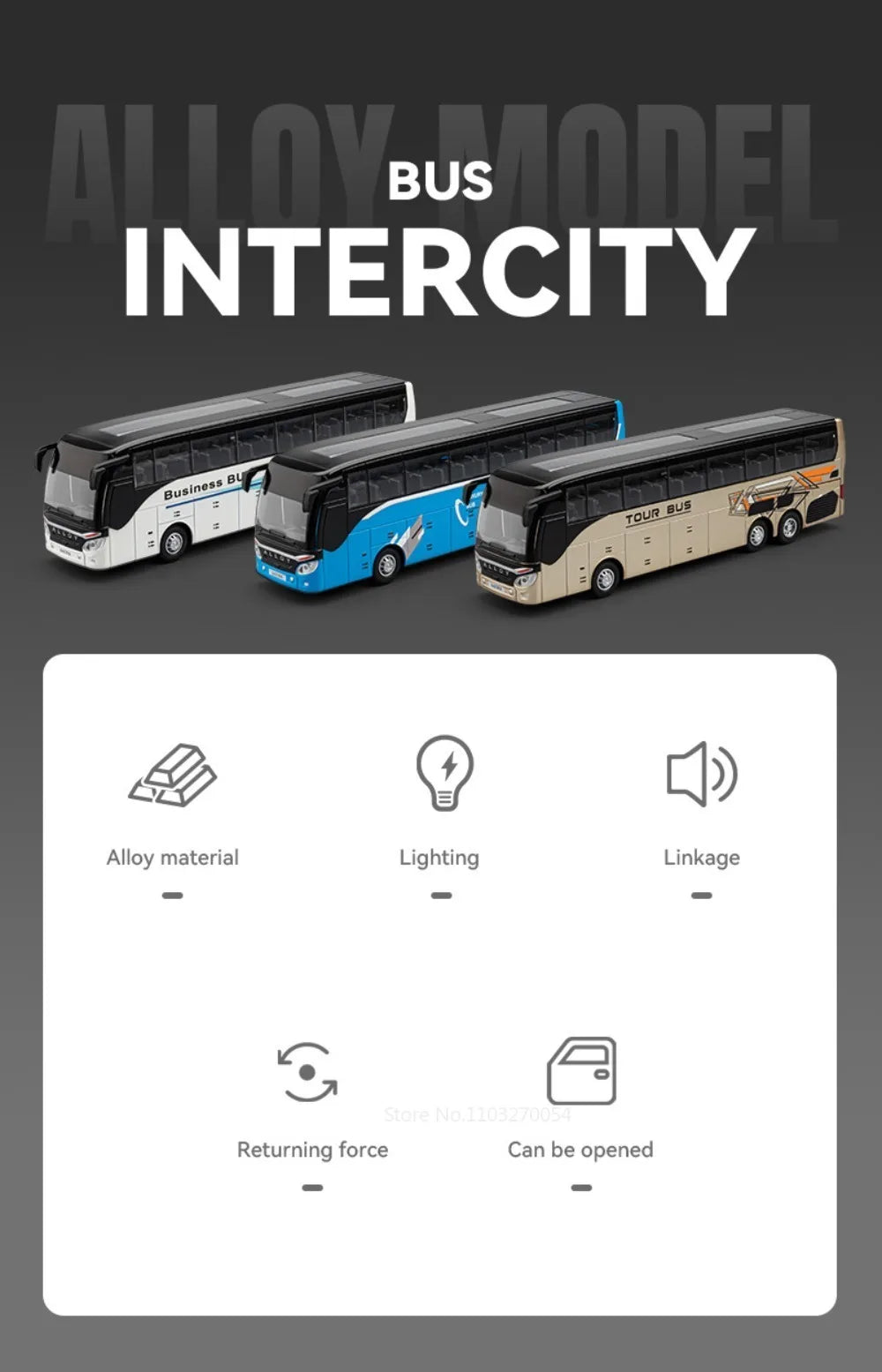 Business Single Decker Bus Alloy Models Doors Opened with Sound Light Pull Back Bus
