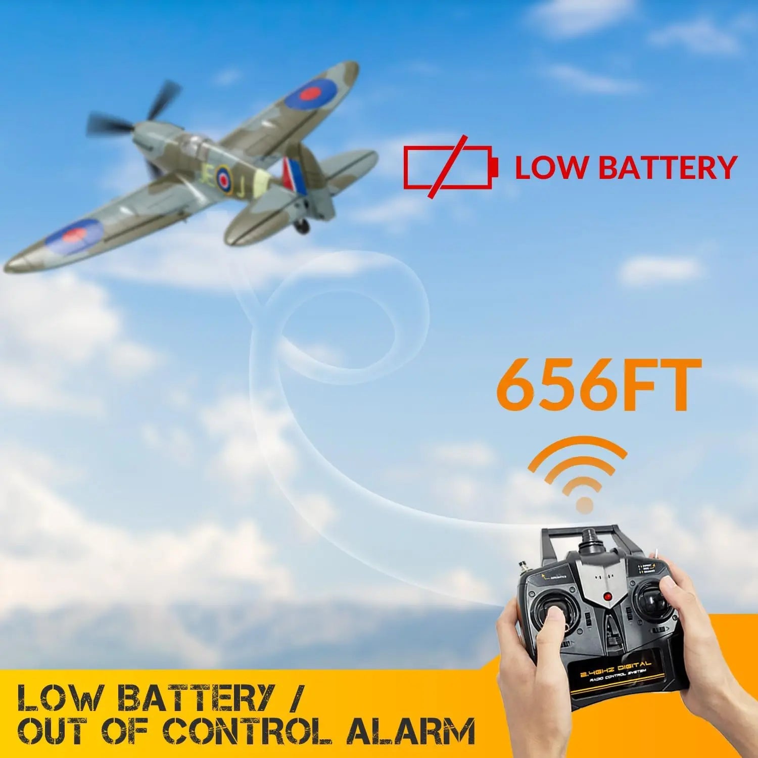VOLANTEXRC Spitfire RC Plane - 4CH with Gyro, 3 Modes, 2 Batteries, 656ft Range