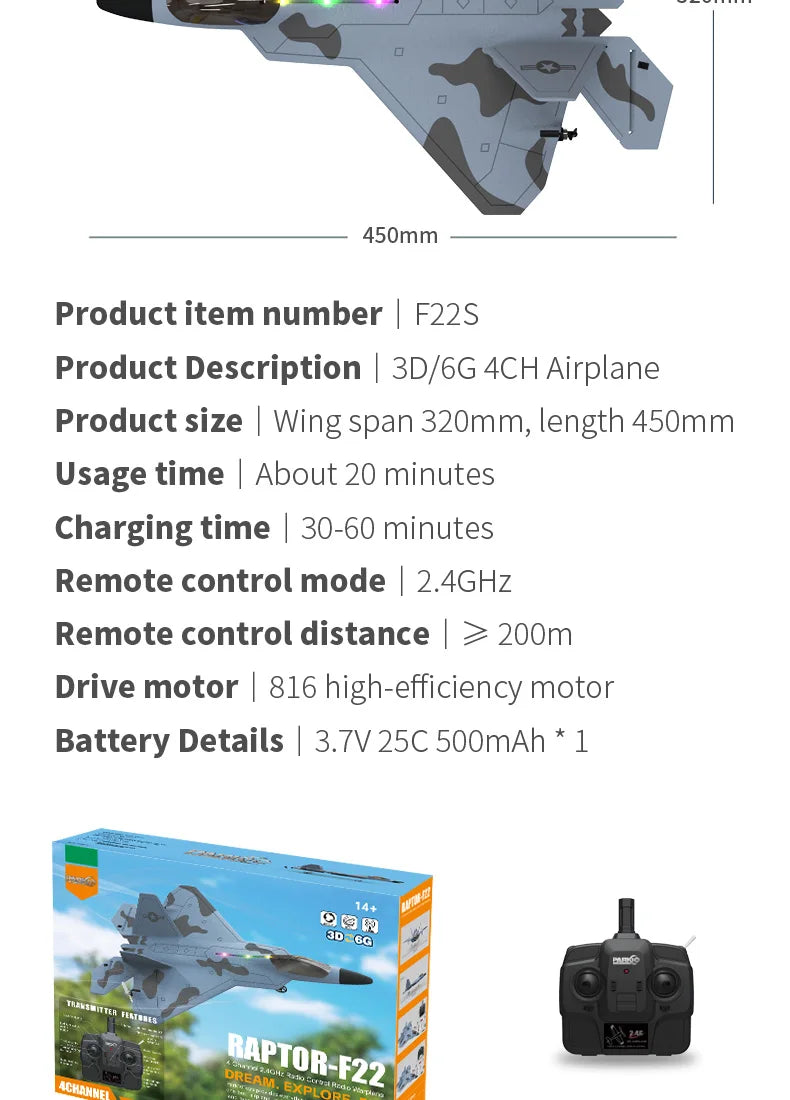 F22S 2.4G 4CH 3D6G RC Airplane Raptor F22 Warplane 2026