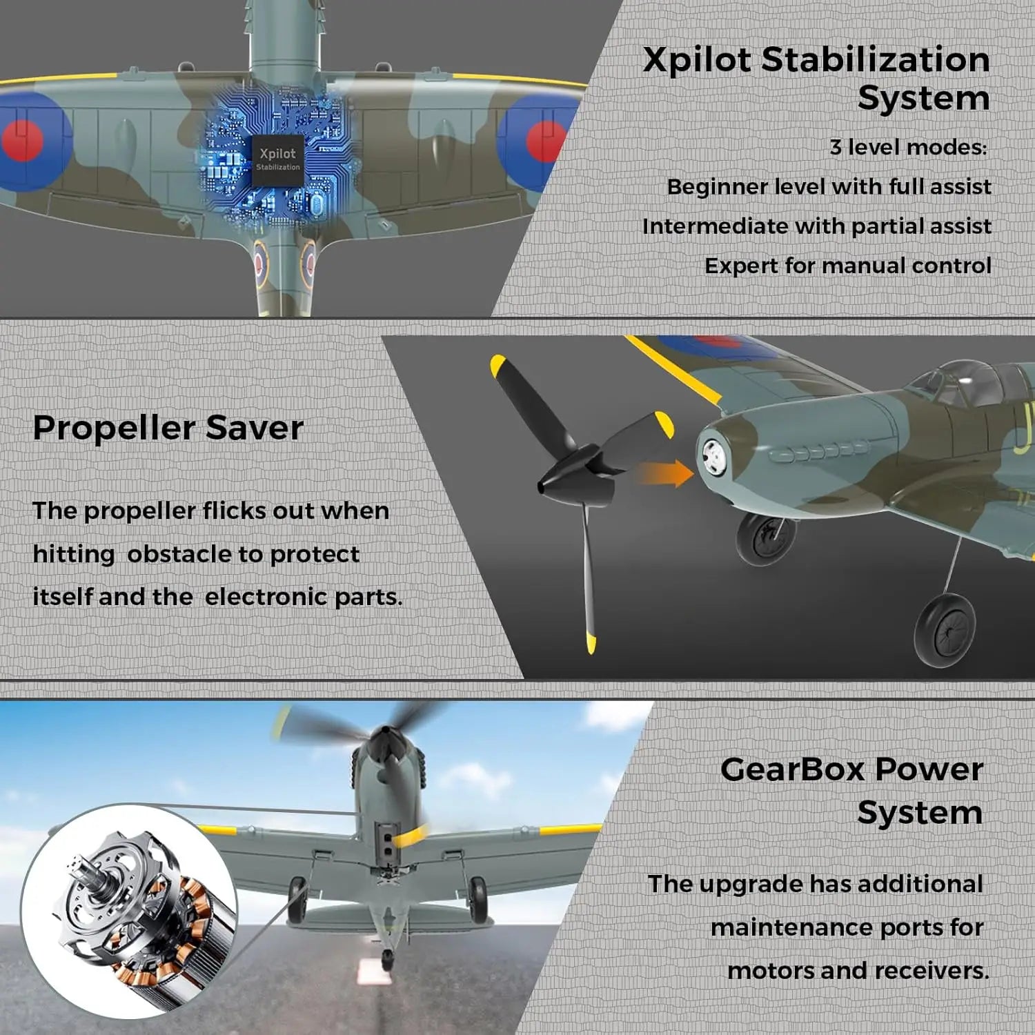 VOLANTEXRC Spitfire RC Plane - 4CH with Gyro, 3 Modes, 2 Batteries, 656ft Range
