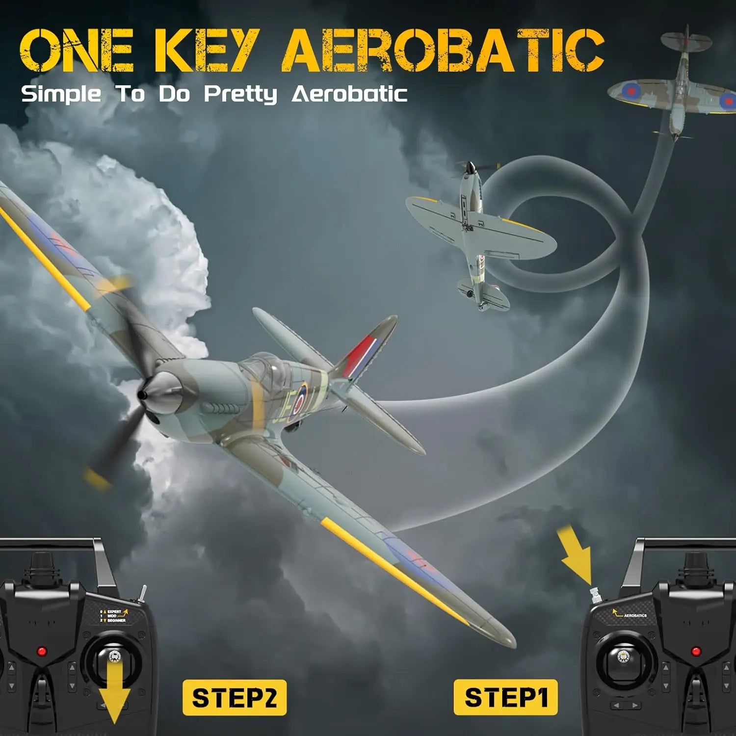 VOLANTEXRC Spitfire RC Plane - 4CH with Gyro, 3 Modes, 2 Batteries, 656ft Range