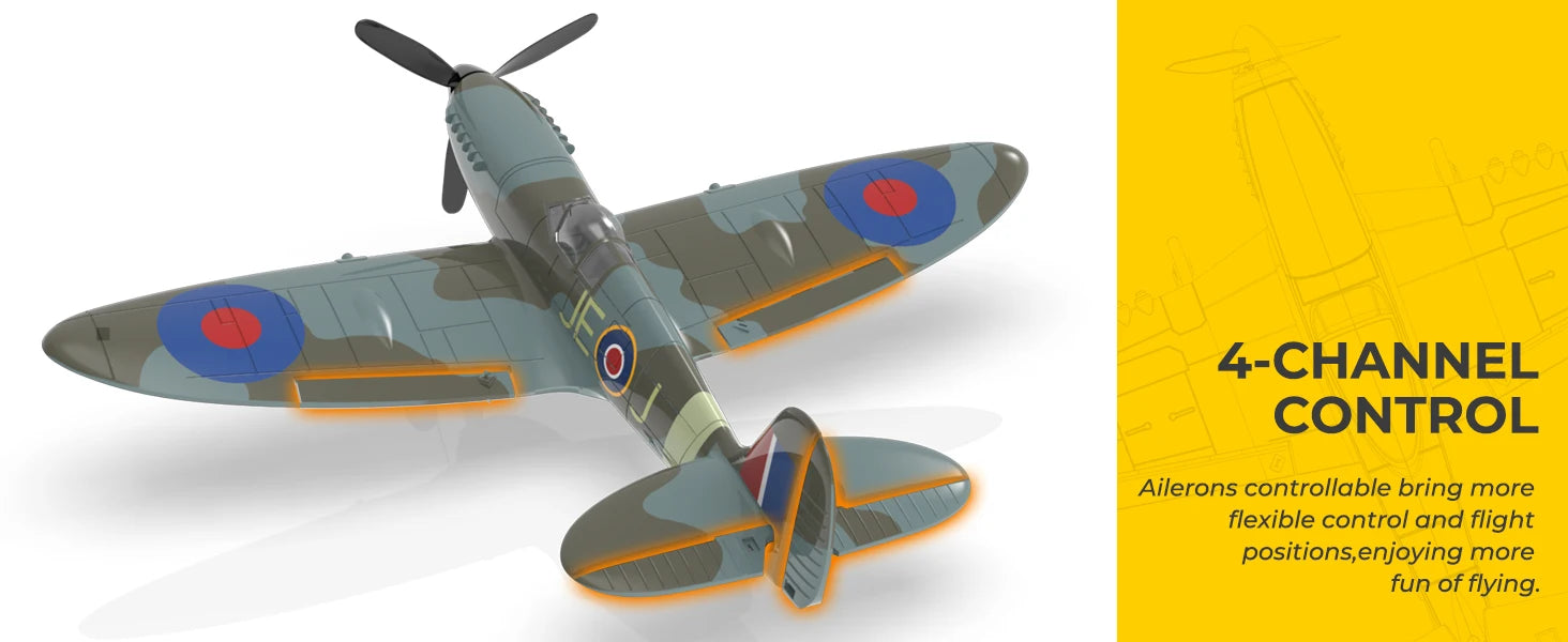 VOLANTEXRC Spitfire RC Plane - 4CH with Gyro, 3 Modes, 2 Batteries, 656ft Range