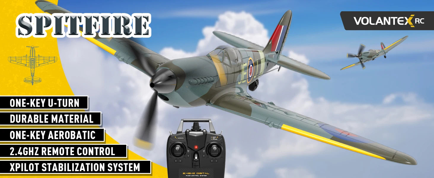 VOLANTEXRC Spitfire RC Plane - 4CH with Gyro, 3 Modes, 2 Batteries, 656ft Range