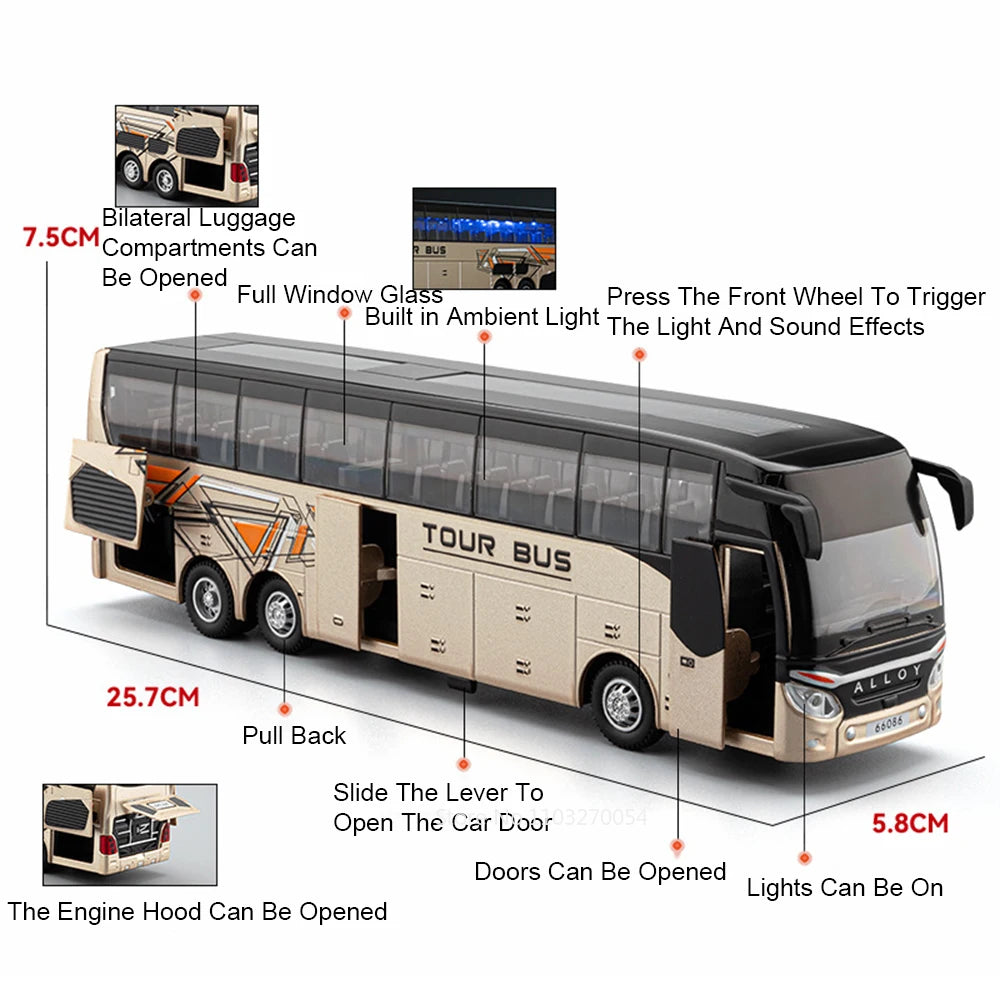 Business Single Decker Bus Alloy Models Doors Opened with Sound Light Pull Back Bus