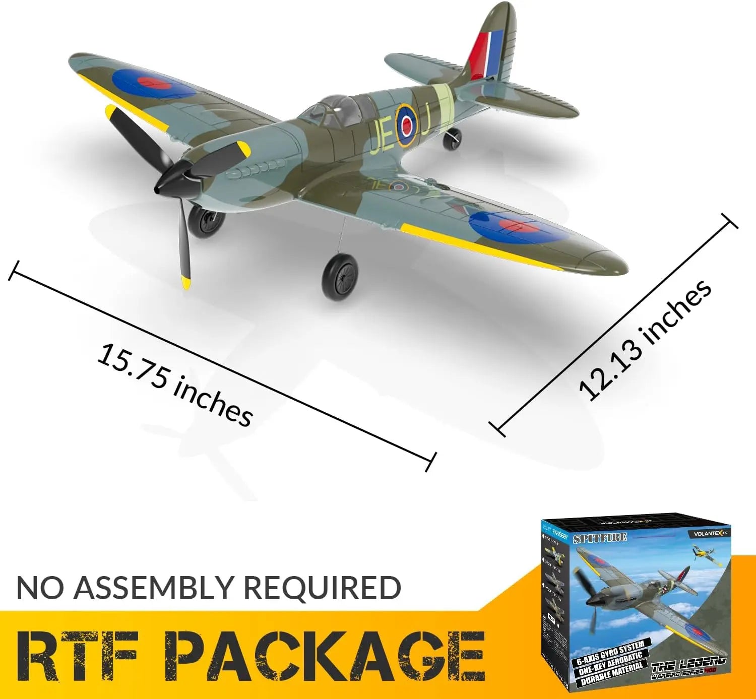 VOLANTEXRC Spitfire RC Plane - 4CH with Gyro, 3 Modes, 2 Batteries, 656ft Range