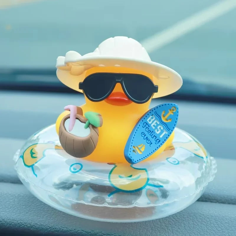 Cool Summer Duck Car Dashboard Decor, Rubber Duck with Swim Ring & Sunglasses